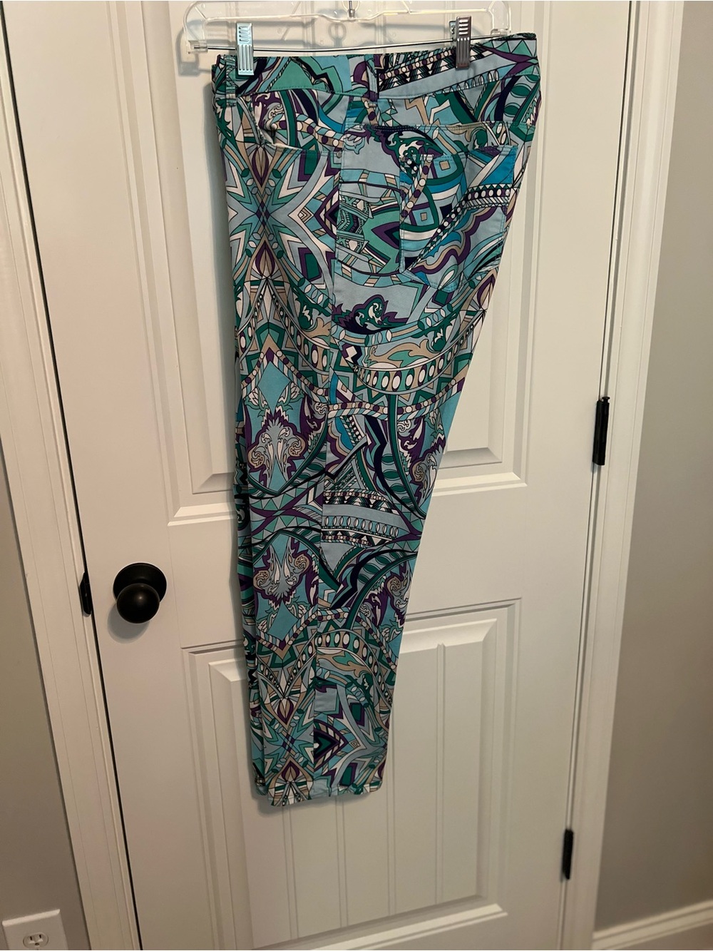 Chico's Printed Straight Leg Jeans in Teal, Turquoise & Purple